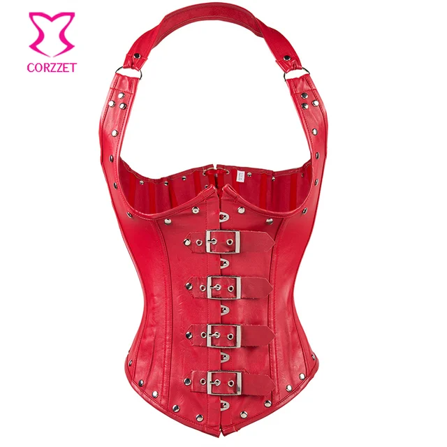 Buy Red Faux Leather Halter Vest Corset Underbust Sexy