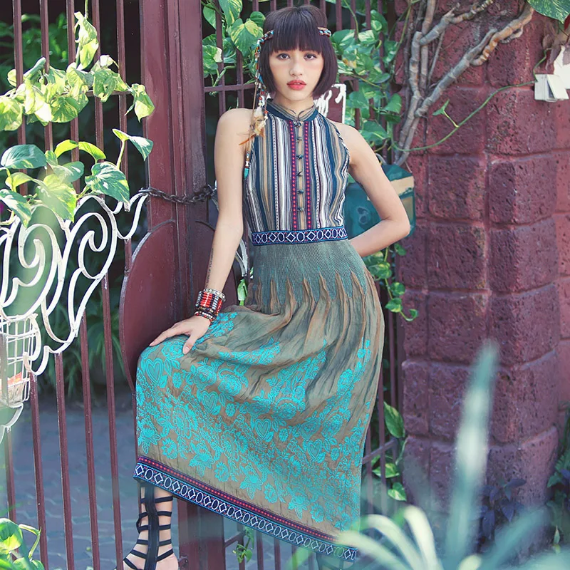 

Aporia.As Summer Chiffon Long Dress Vintage Retro Women National Trend Elegant Embroidery Ribbon Formal Long Green Dressvestido