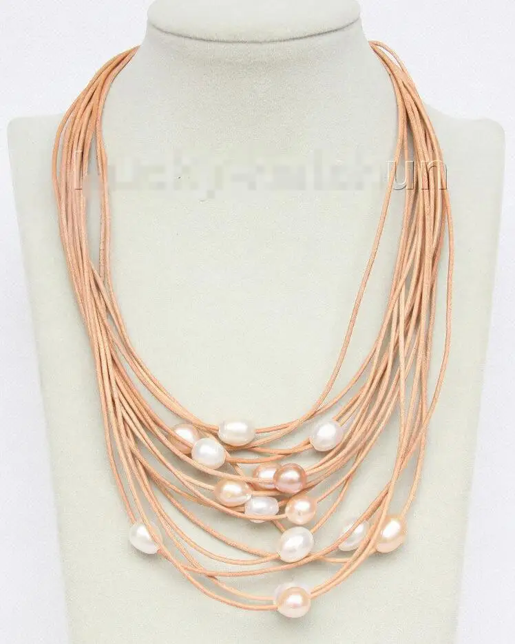 

Hot sale new Style >>>>> 17"-24" 15row white pink purple pearls khaki leather necklace j9711