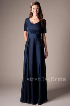 

Navy Blue Long Full Length A-line Chiffon Modest Temple Bridesmaid Dresses With Half Sleeves Ruched Beach Bridesmaids Dresses