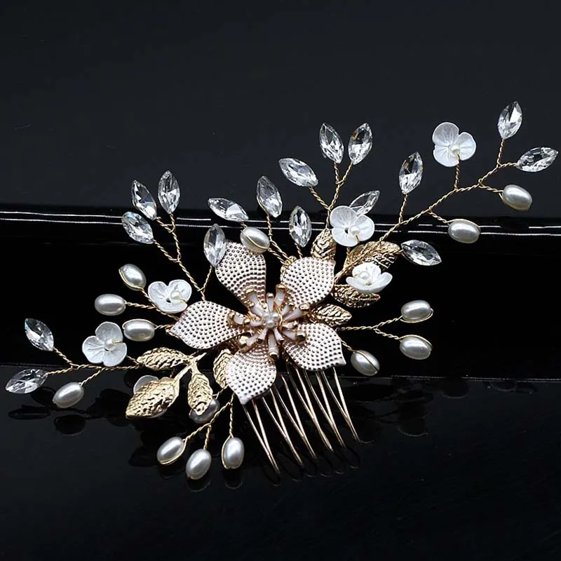 Wedding Head Flower Crystal Pearl Hair combs for brides Handmade Women Head Ornaments Bridal Hair Clips Accessories Jewelry - Окраска металла: EG079