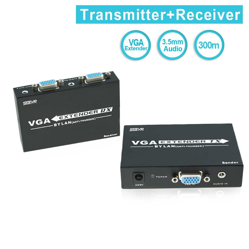 

SGEYR VGA Extender 300m UTP CAT5e/6 with Audio transmission Max up to 300m Support Resolution Max up to 1920x1200 Metal Case