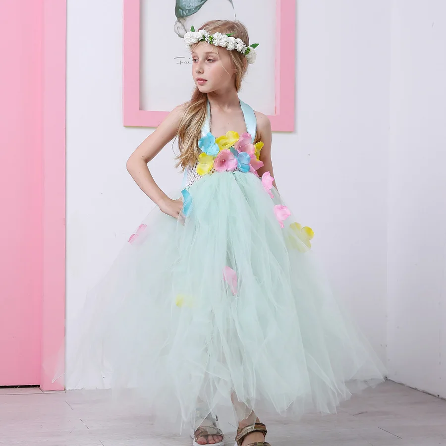 Handmade Flower Fairy Girls Tutu Dress Mint Green Princess Kids Flower Dresses Children Wedding Prom Party Photo Clothing (6)