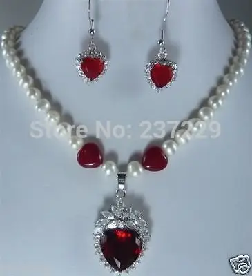 

DD Wholesale price FREE SHIPPING ^^^White Akoya Cultured Pearl& heart Ruby Necklace earring