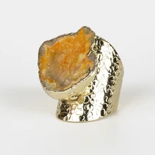 Чистый золотой цвет грубый сырой оранжевый геодезический кварц кристалл Друза камень ломтик бисера Шарм Регулируемый Открытый чеканка кольцо манжеты для женщин