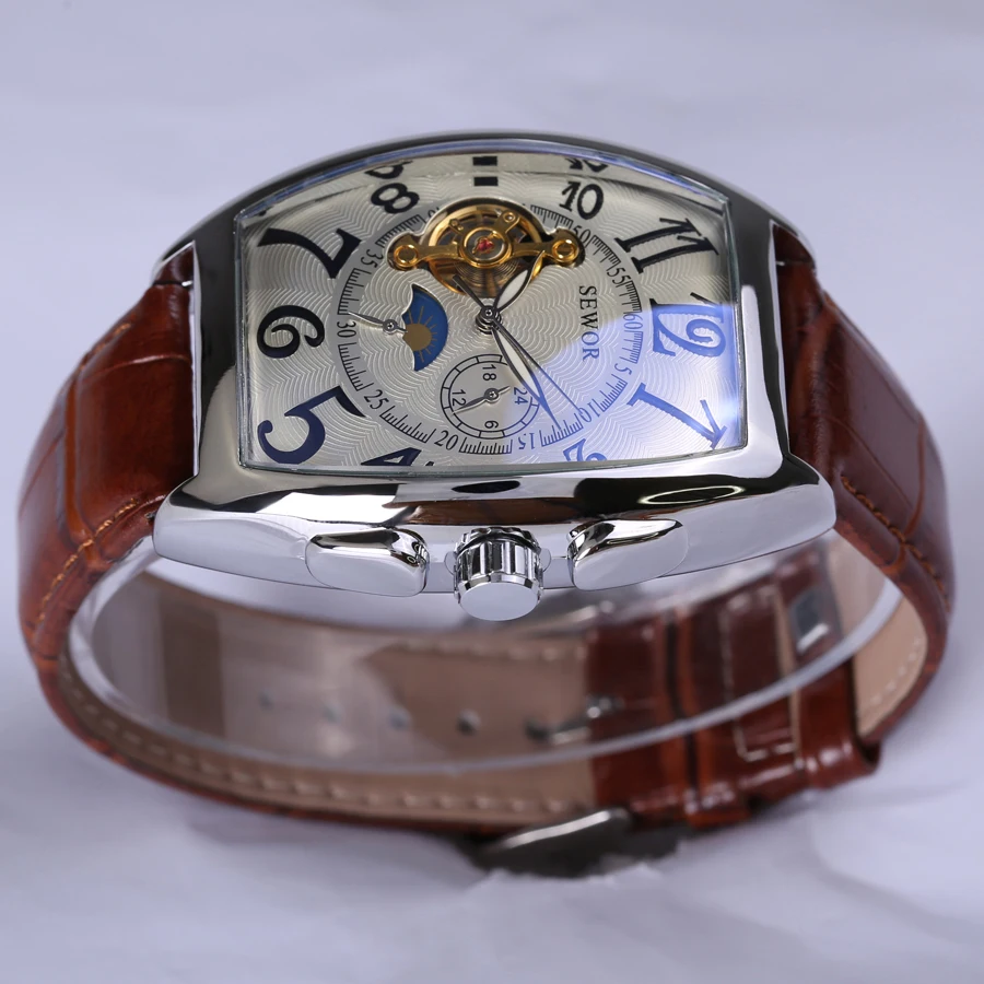 Винтажный квадратный дизайн фотохромные стеклянные механические турбийон мужские часы Лидирующий бренд Роскошные автоматические часы с фазой Луны