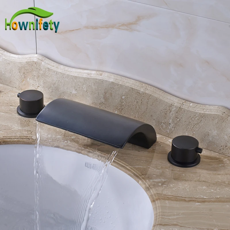 

Oil Rubbed Bronze Widespread 3pcs Bathroom Sink Faucet Double Handles Waterfall Spout Mixer Tap