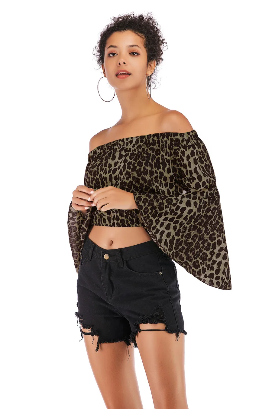 Gladiolus Off Shoulder Spring Autumn Blouse Women 2019 Flare Sleeve Sexy Leopard Print Crop Top Shirt Women Blouses Ladies Tops (21)
