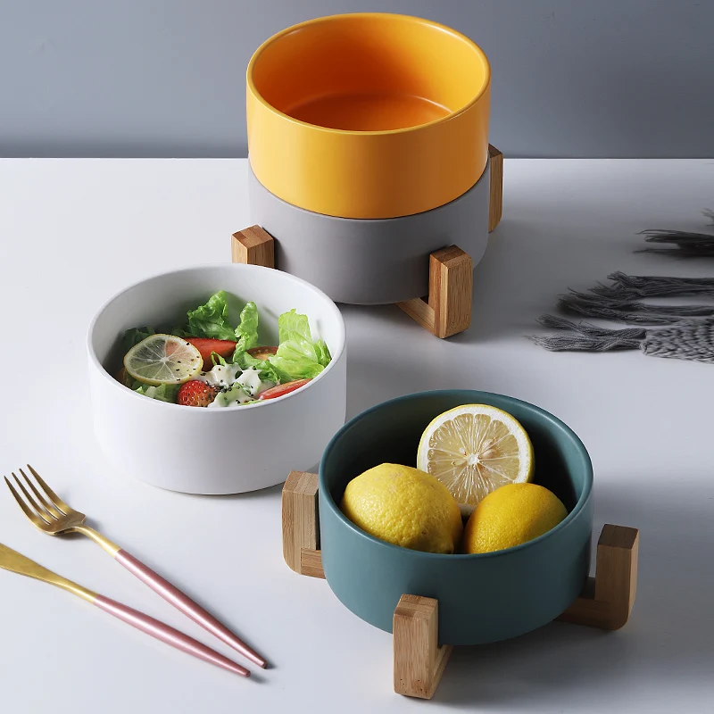 

Oneisall Ceramic Salad Bowl Nordic style Matte Glazed Ceramic Bamboo Dish Rack Simple Solid Color Soup Salad Rice Fruit Bowl