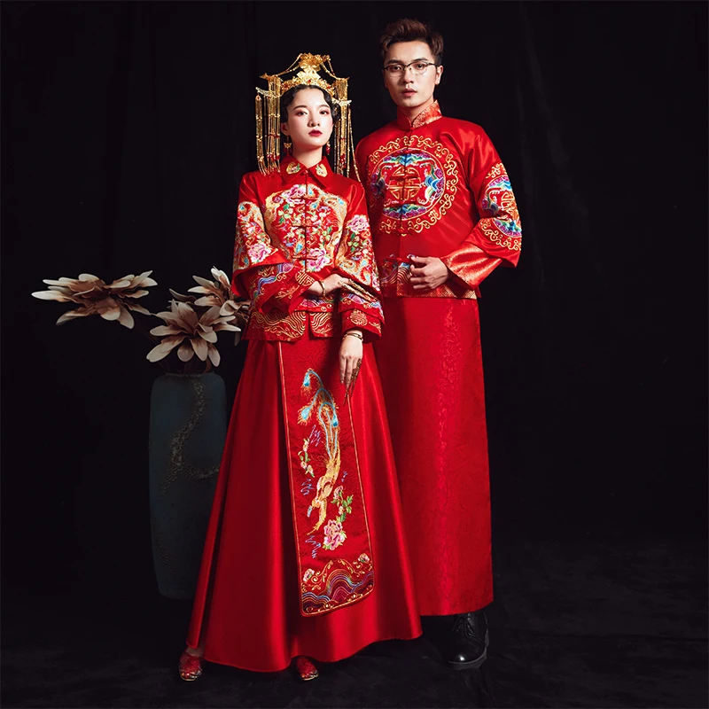 Красный китайский национальный Жених и невеста Брак Cheongsam костюм Винтаж для женщин вышивка Qipao древний Королевский свадебная одежда S-XXL
