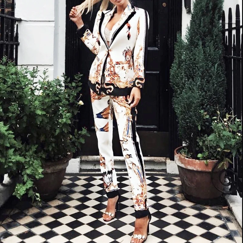 High Quautily Spring Pant Suits Women Casual Two Piece Set Blazer And Pencil Pants Suit Vintage Print Ladys Pantsuit High Quautily Spring Pant Suits Women Casual Two Piece Set Blazer And Pencil Pants Suit Vintage Print Ladys Pantsuit