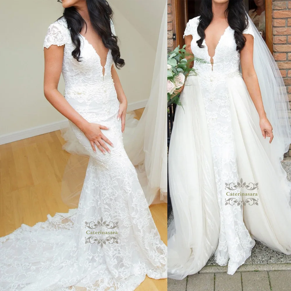 Briljante 2019 Trouwjurk V-hals Vrouwen Mermaid Parels Meisje Bruid Gown Bridal Party met Kant Kapmouwtjes Verwijderbare Rok