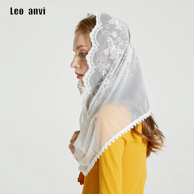 

Leo anvi Light Ivory white black butterfly Embroidered Lace scarf Vintage Infinity Veil Chapel Veil Mantilla Latin Mass