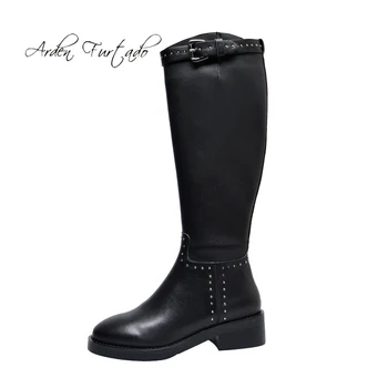 

Arden Furtado Fashion Women's Shoes Winter Pure Color Buckle Mature Round Toe square heels Knee High Boots genuine Leather