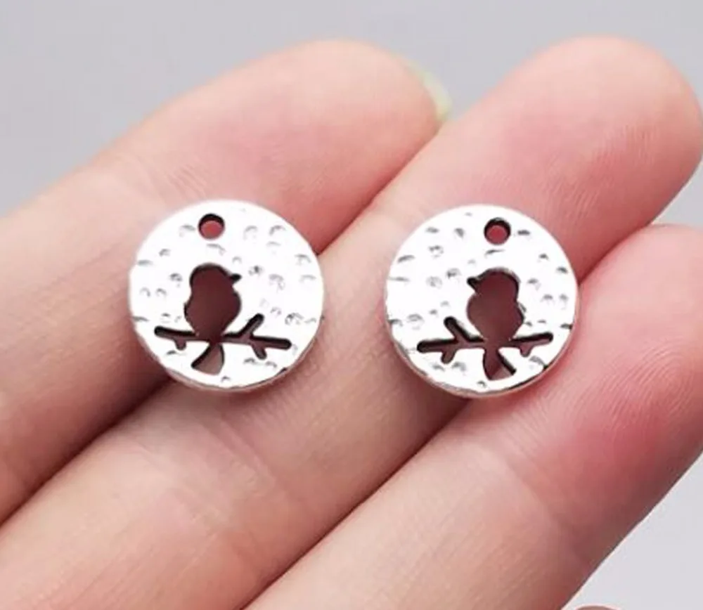 

35pcs/lot--14mm, bird chams,Antique silver plated Bird On Branch Round charms,DIY supplies,Jewelry accessories