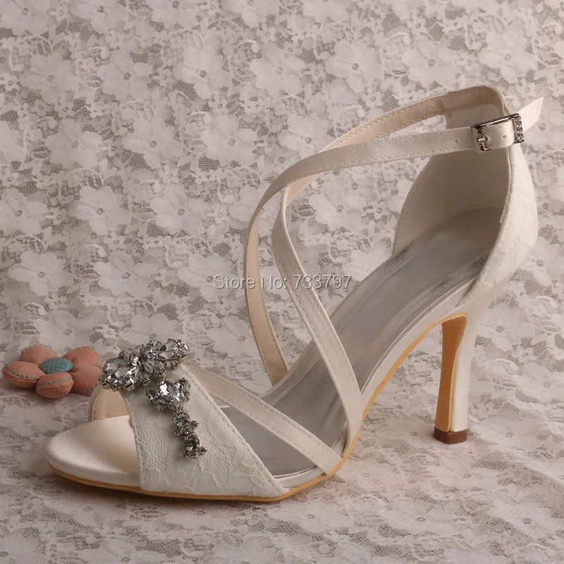 Wedopus Ladies Open Toe Stiletto Heel Cross Strap Ivory Lace Evening Party Pumps Shoes Sandals