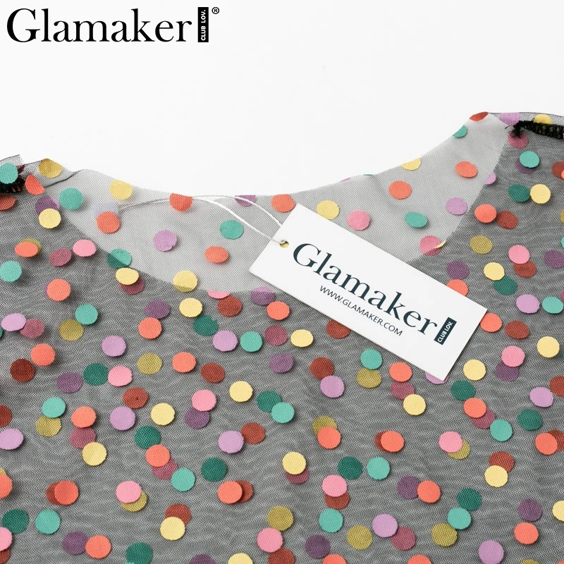 Glamaker костюм из двух частей в горошек сексуальное платье женское прозрачное желтое облегающее платье vestidos элегантное укороченное Сетчатое платье с высокой талией для вечеринок