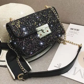 

Sequin Small Square bag 2019 Summer Fashion New High Quality Leather Women's Designer Handbag Lock Chain Shoulder Messenger bags