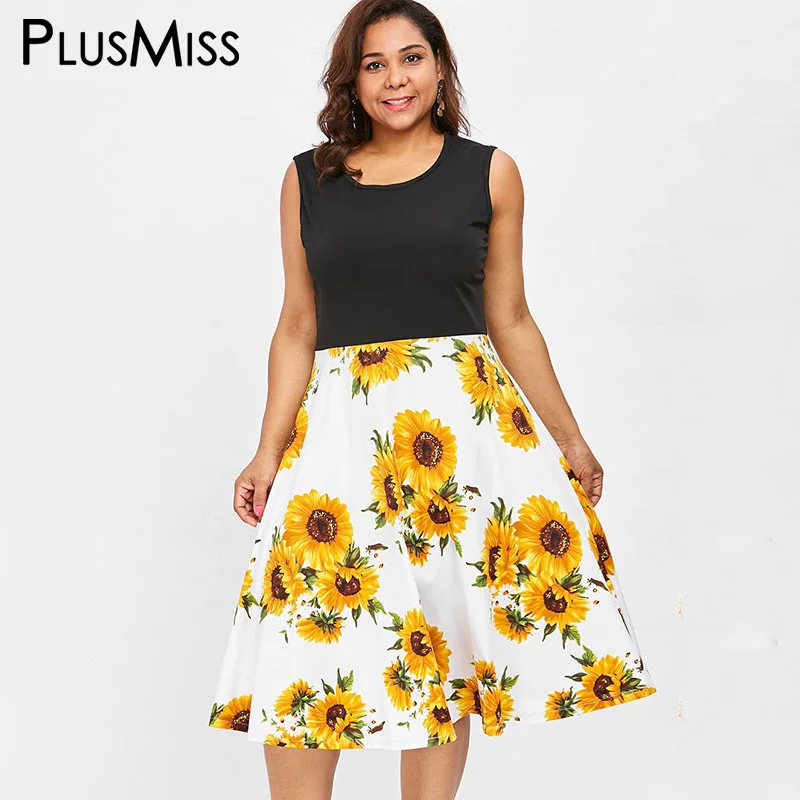 PlusMiss Plus Size 5XL Sleeveless Sunflower Floral Flower Print Tank
