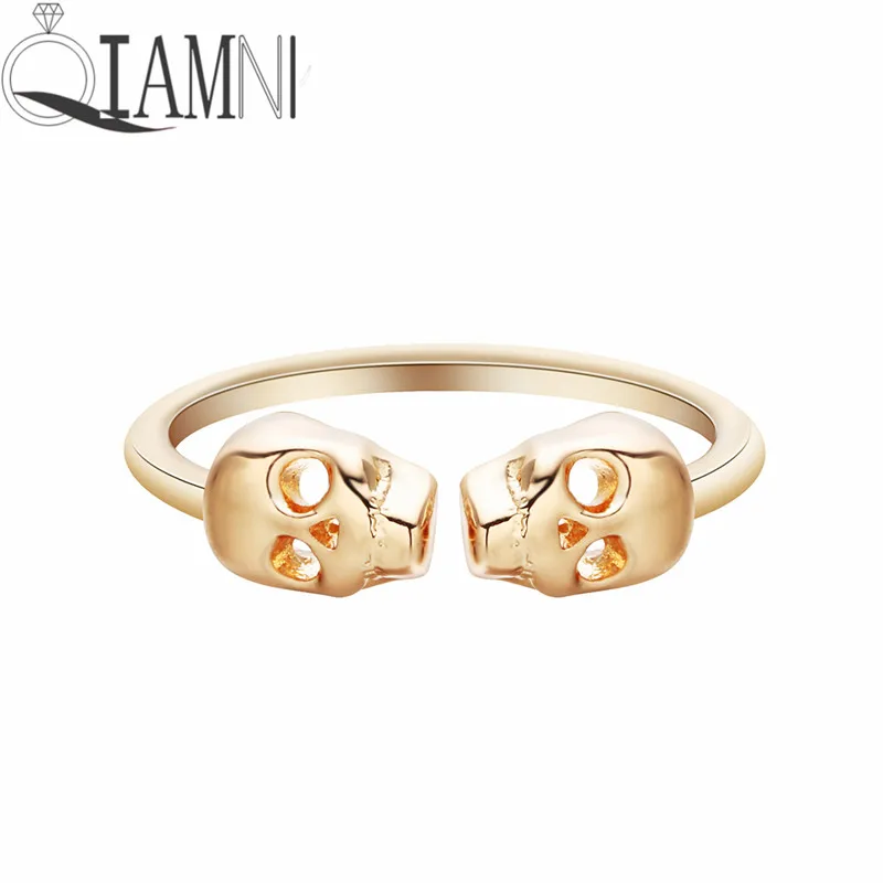 

QIAMNI Unique Adjustable Mens Double Skeleton Skull Finger Ring Cocktail Party Jewelry Gold Color Toe Foot Ring Bague Femme