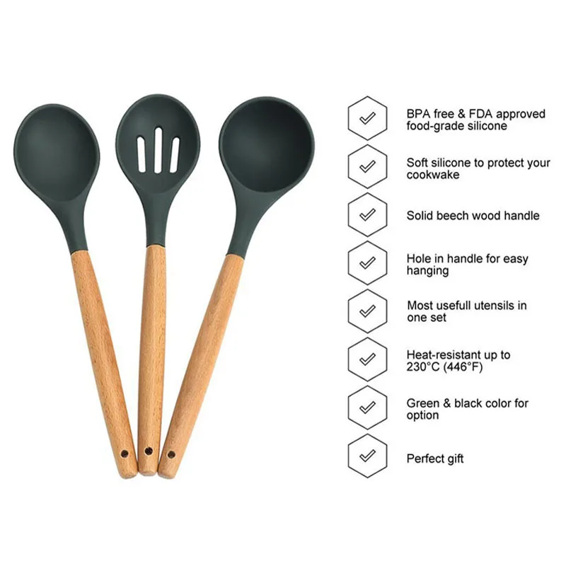 UPORS 9Pcs Silicone Cooking Tool Set with Wooden Handle Kitchen Accessories Soup Ladle Spoon Slotted Shovel Kitchen Utensils Set