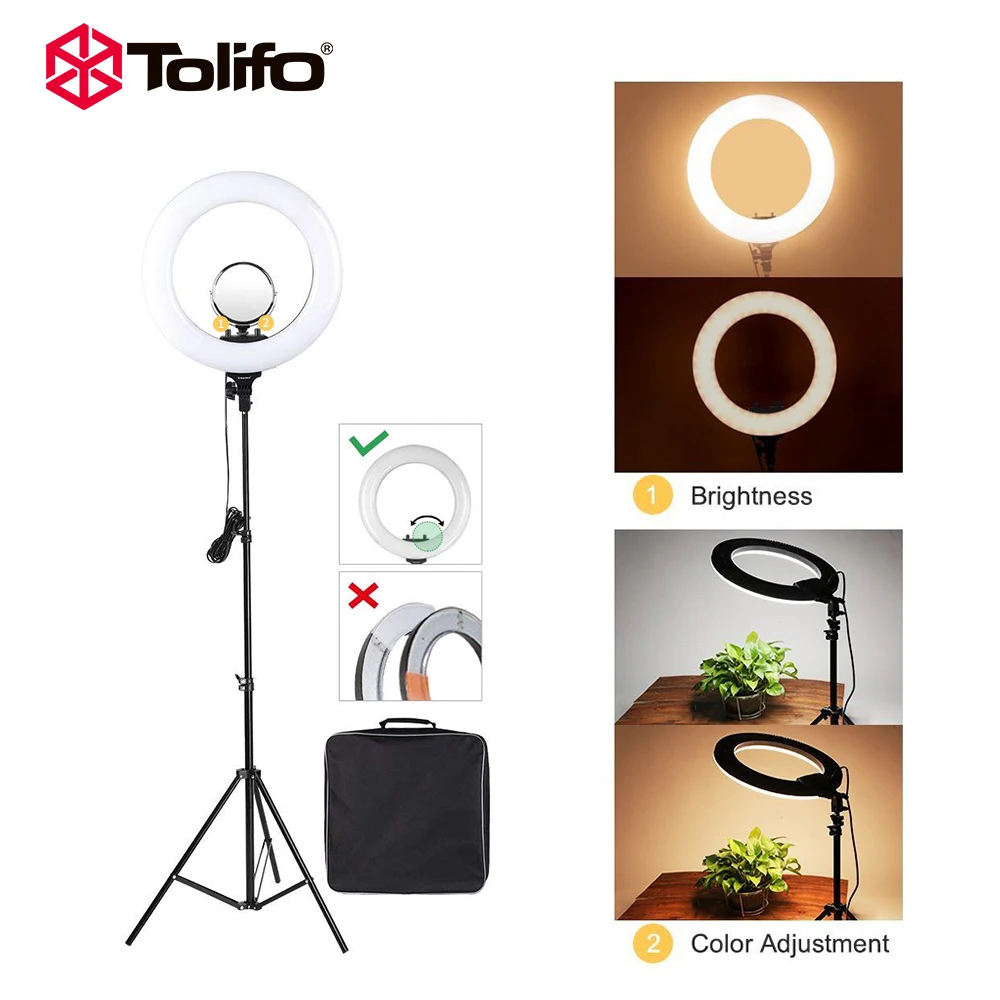 Tolifo 14 R40B AC LED Ring Light with Stand Kit 40W Bi-color 3200-5600k included Cosmetic Mirror for Photo Portrait Photography