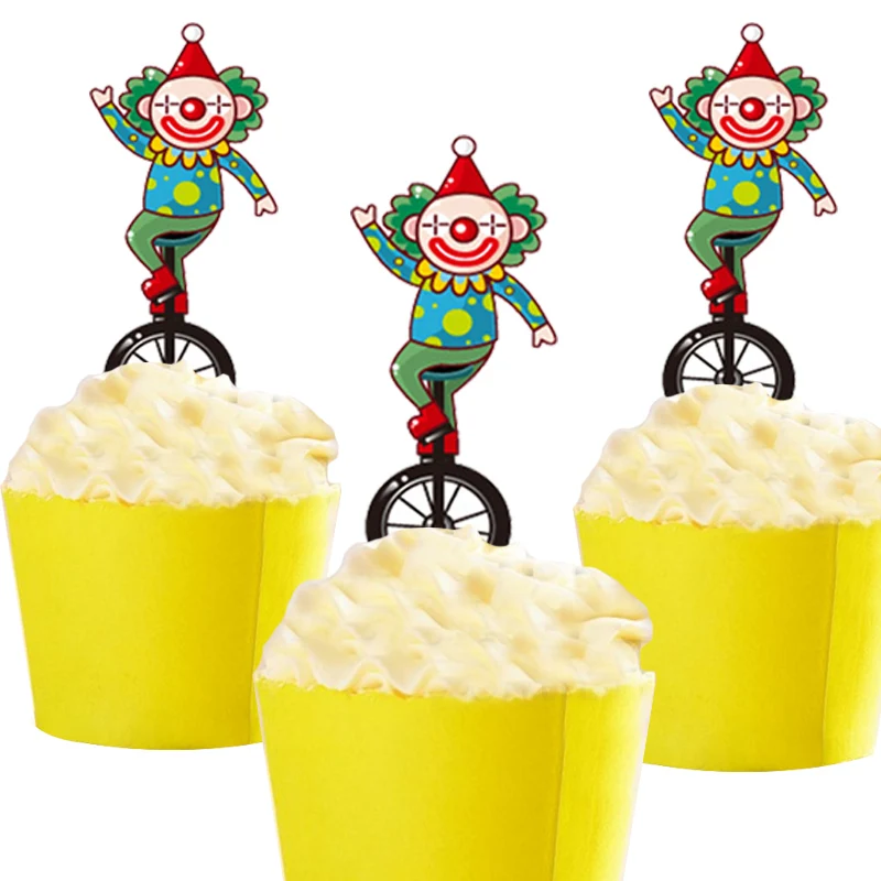 

50pcs Clever Cartoon Circus Cute Clown Party Supplies Paper Cupcake Toppers for Kids Boy Adult Birthday Party Decorations