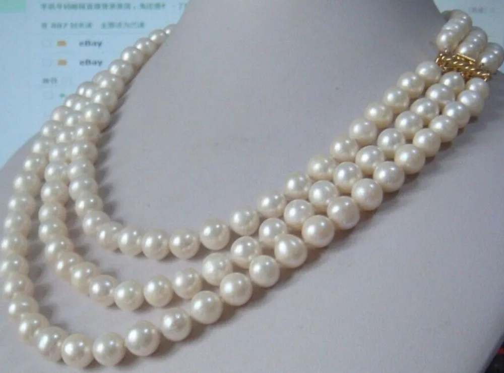 

Free shipping hot sale Women Bridal Wedding Jewelry >> Charming 3 Row Natural 9-10mm AA++ White South Sea Pearl Necklace
