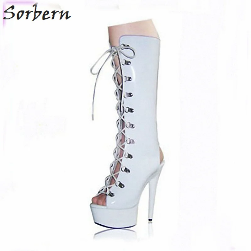 Sorbern Fashion 15Cm Spike High Heels Women Boots Knee High Open Toe And Open Heel Lace Up Ladies Shoes Boots Women Black/Red Sorbern Fashion 15Cm Spike High Heels Women Boots Knee High Open Toe And Open Heel Lace Up Ladies Shoes Boots Women Black/Red