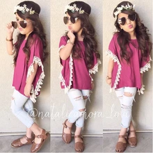 Модные летние комплекты одежды для девочек г. Повседневная однотонная детская одежда топы из 2 предметов, джинсы костюмы для девочек хлопковый комплект одежды для детей