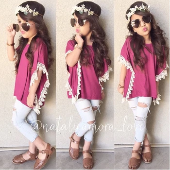 

Fashion Summer Girls Clothes Sets 2018 Casual Solid Kids Outfits 2Pcs Tops Denim Jeans Girls Suits Cotton Children Clothing Set
