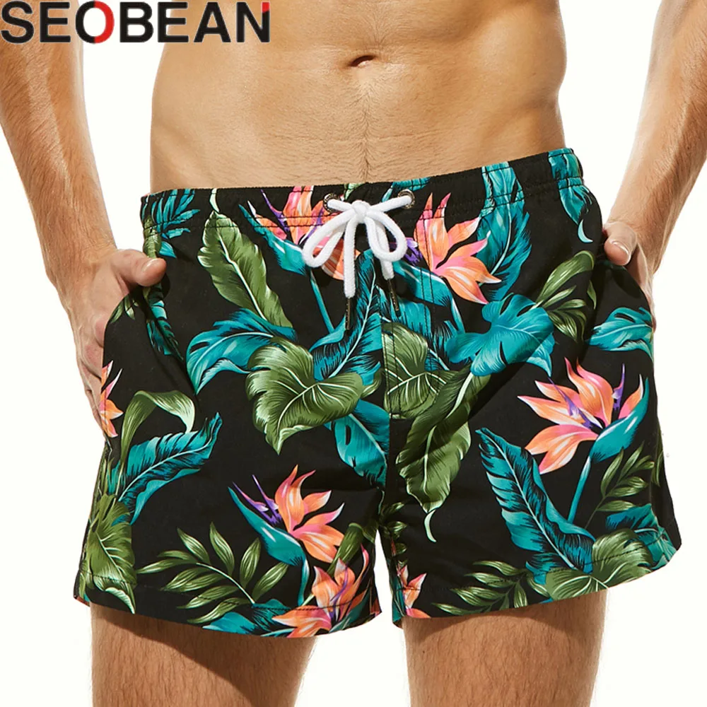 

Men's Quick Dry Board Shorts Tropical Flowers Printed Low Waist Short Surf Homme No Mesh Liner Swimsuit Men Summer sport shorts