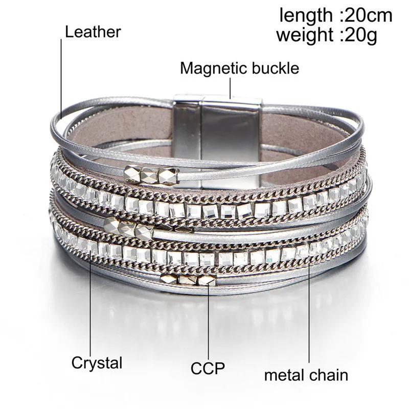Модный популярный многослойный браслет с магнитной пряжкой и браслет для женщин, богемный жемчужный кожаный браслет с кристаллами для женщин, новинка Pulseira