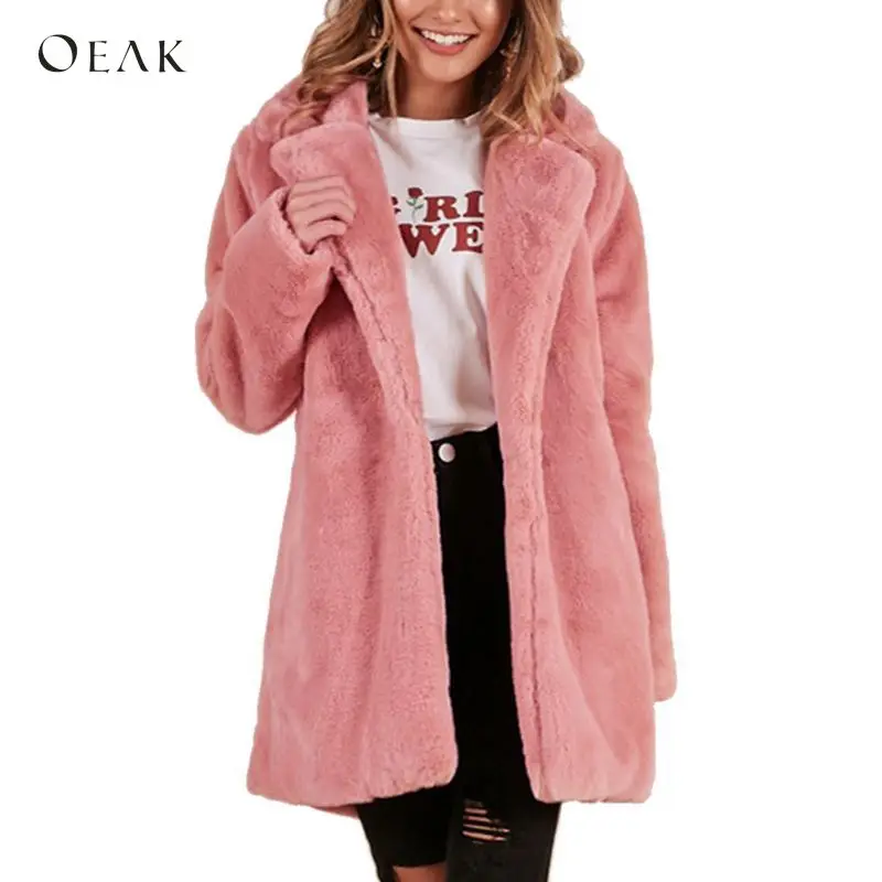 OEAK 2018 Women Faux Fur Long Coat Winter Warm Fluffy Cardigan Jacket Female Casual Soft Plush Teddy Coat Plus Size Pink Outwear OEAK 2018 Women Faux Fur Long Coat Winter Warm Fluffy Cardigan Jacket Female Casual Soft Plush Teddy Coat Plus Size Pink Outwear