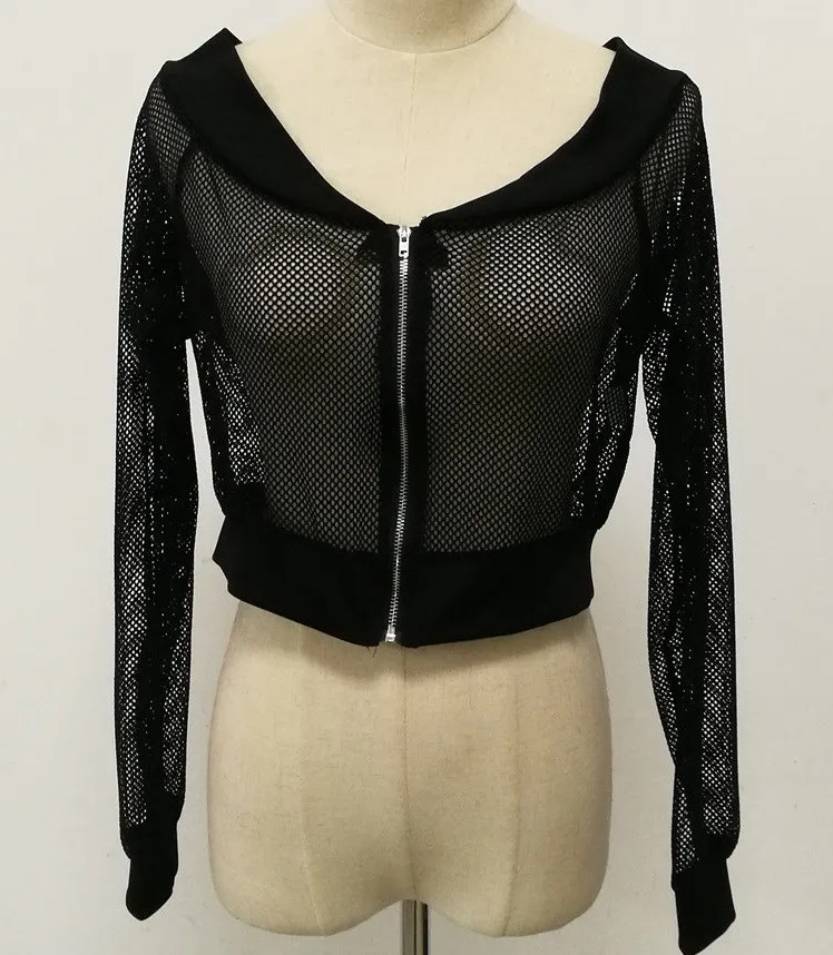 Летняя Сексуальная сетчатая прозрачная куртка на молнии, короткая опрятная летняя куртка-бомбер - Цвет: Черный