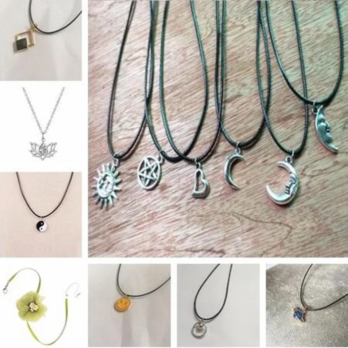 

Vintage gothic leather rope necklace metal alloy geometric round five-pointed star moon wings peach heart-shaped pendant necklac