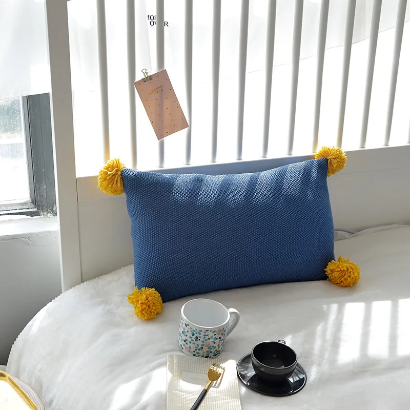 Вязаная наволочка для подушки, однотонный серый, синий, оранжевый чехол для подушки 35*50 см, чехол для подушки с помпоном, мягкий диван-кровать, декоративная детская комната - Цвет: Blue