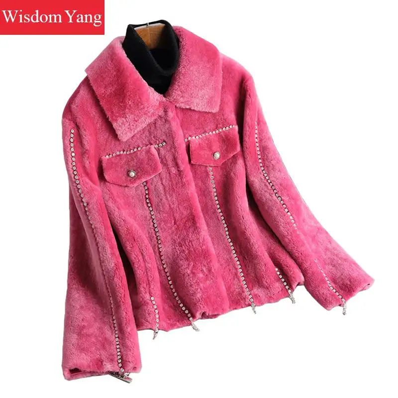 

Winter Warm Sheep Shearing Wool Coat Yellow Pink Blue Black Jackets Coat Women Short Coats Diamonds Woolen Overcoat Outerwear