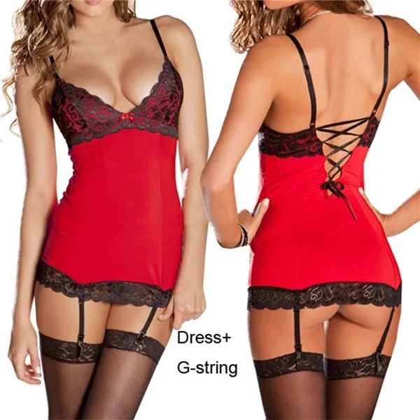 Women Red Lace Dress Sleepwear +G-string Sexy Teddies Lingerie 1 Women Red Lace Dress Sleepwear +G-string Sexy Teddies Lingerie 1