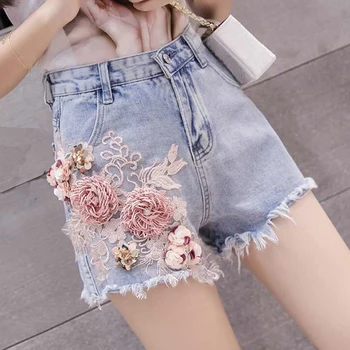 

Summer Fashion Womens Lady High Waist Embroidery Flower Beading Tassel Blue Denim Shorts , Female Korea Ripped Xxl Jeans Shorts