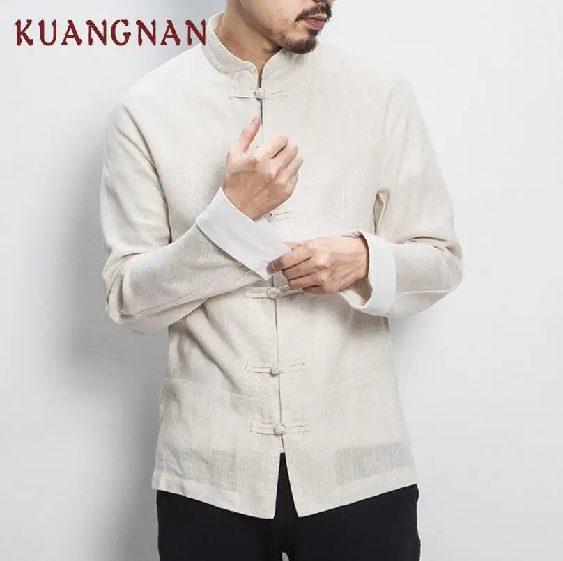 KUANGNAN китайский стиль Мужские рубашки с длинным рукавом Повседневная приталенная уличная Мужская рубашка Мужская льняная Повседневная рубашка мужская одежда осень - Цвет: Linen