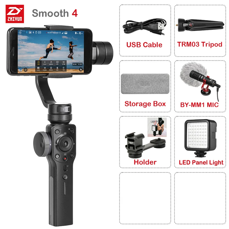 Zhiyun Smooth 4 3-осевой Ручной Стабилизатор на шарнирном замке для смартфона фокусировки камеры для iPhone X 8 7 6 Plus для samsung Galaxy S9+ S9 S8+ S8 - Цвет: Smooth 4 Black-Kit 7