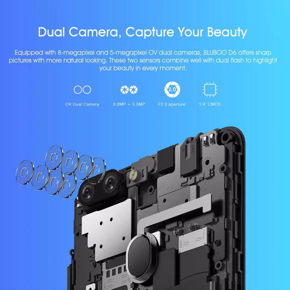 Bluboo D6 Smartphone 5.5'' IPS 18:9 Screen MT6580A Quad Core 2GB RAM 16GB ROM Android 8.1 Face Unlock Cellphone 3G Mobile Phone