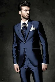 

Custom Made Groom Tuxedo Navy Blue Groomsmen Peak Lapel Wedding/Dinner Suits Best Man Bridegroom (Jacket+Pants+Tie+Vest)