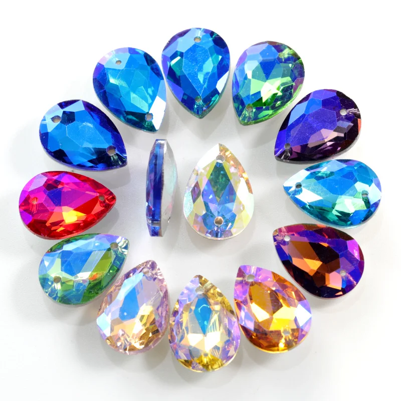 

24pcs Crystal AB Colorful Sew On Rhinestones Pointback Teardrop Shape Glass Shiny Sewing Stones for Wedding Dress DIY Bags B1135