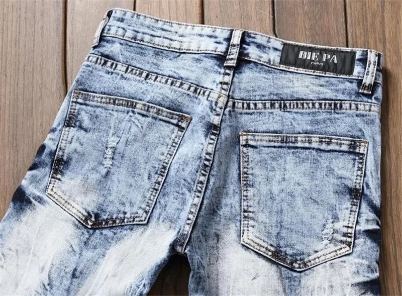 Новая модная одежда Дизайнер Штаны Уничтожено мужские тонкий деним прямые Байкер узкие джинсы мужские рваные джинсы мужской Обувь для