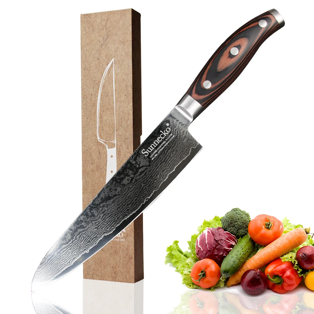 

SUNNECKO High Quality 8" Chef Knife Damascus Steel Japanese VG10 Blade Kitchen Knives Pakka Wood Handle Sharp Meat Cutter Tool