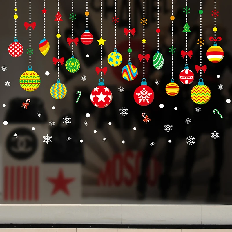 

Xmas Coloreful Ball Snowflake Wall Stickers Shop Window Glass Decor Christmas Decorations For Home DIY PVC Sticker Mural Decals