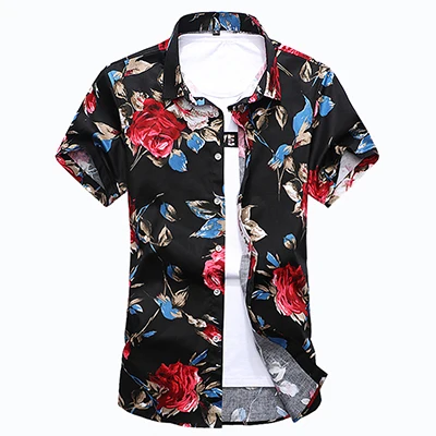 Большой размер 7XL Мужская рубашка Летняя мода Мужская футболка с принтом футболка с короткими рукавами для мужчин; модные ботинки с социальных Повседневная рубашка с цветочным узором Q35 - Цвет: black