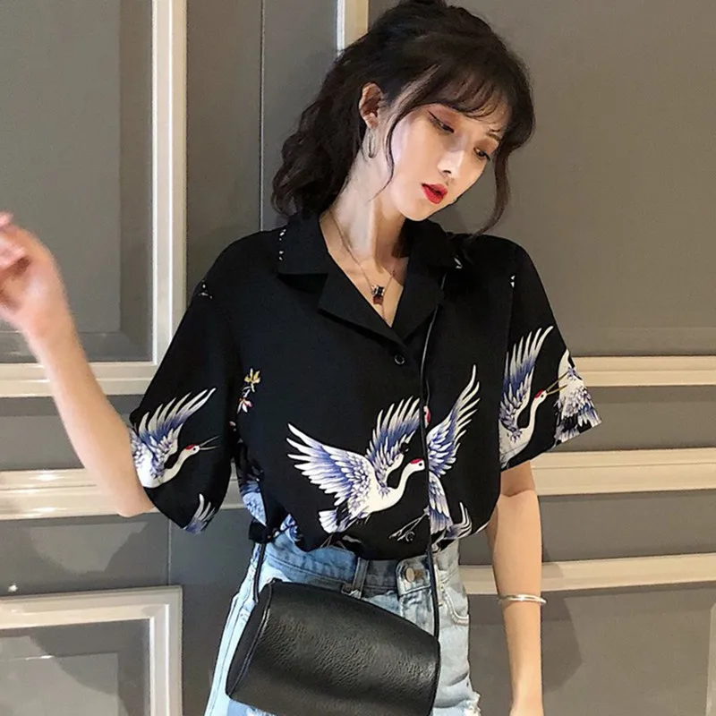 

Women Blusas Tops Print Chinese Style Shirt 2019 Short Sleeve V Neck Chiffon Blouse Female Vintage Shirts